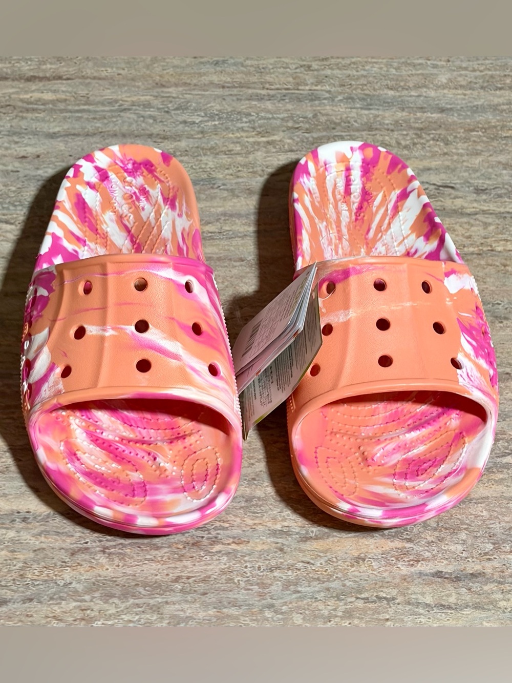 NWT Crocs Baya2marbled Amazon Slide Pink & Orange Tie-Dye Slide Sandals